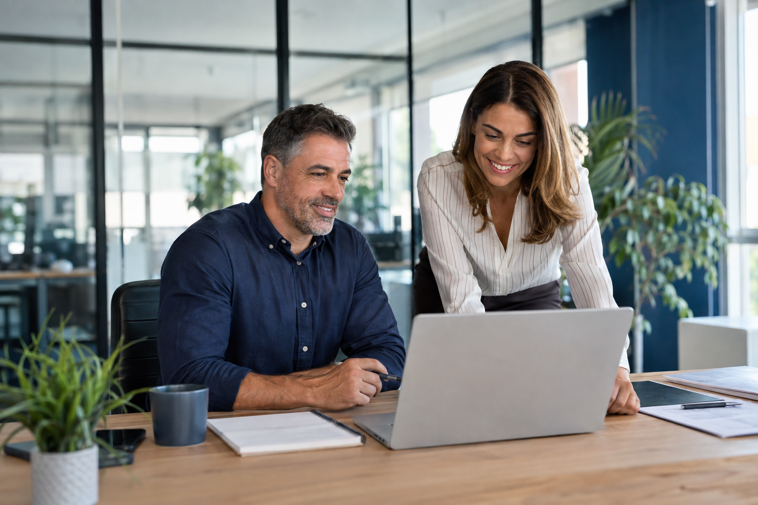 Business colleagues working together in a bright modern office